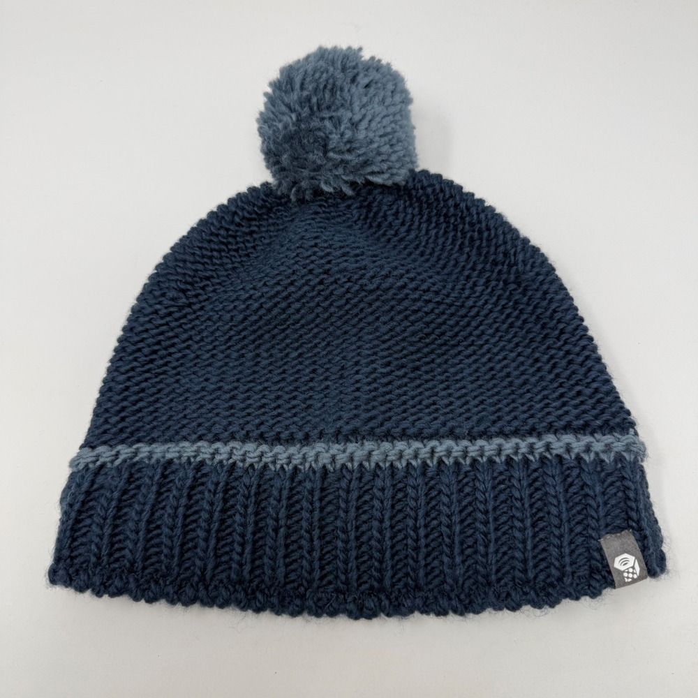 Mountain Hardwear Navy Blue Knit‎ Pom Beanie Fleece Lined Lace Up Back Hat